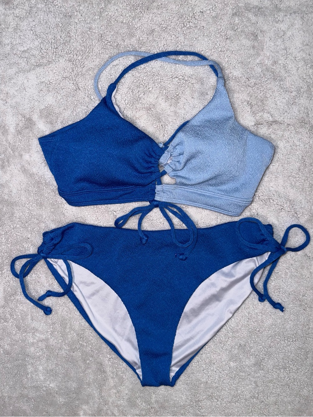 B2prity Two Tone Blue Bikini Set Textured Halter Tie Side Swimwear
